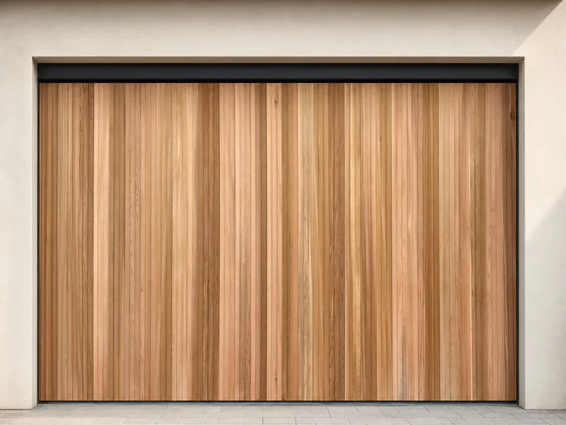 Panel lift garage door clad in vertical Western Red Cedar boards