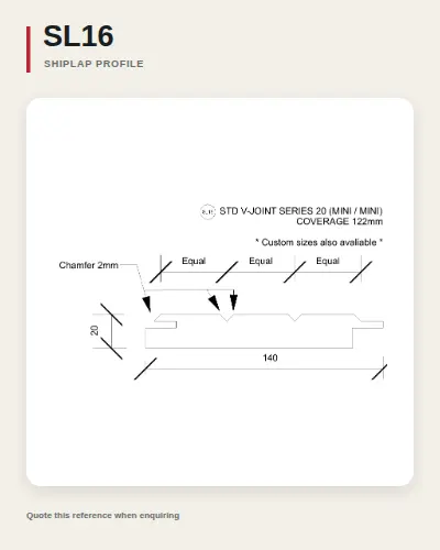 Shiplap timber board profile drawing, reference SL16.