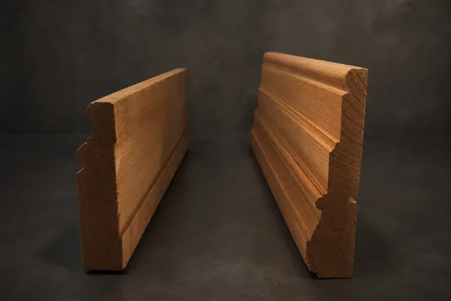 Two routed timber skirting profile samples showing their moulded faces and cross-sections