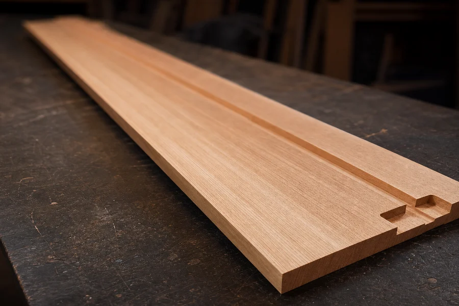 Long solid timber components with machined edge and rebate details on a workshop bench